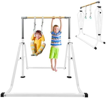Kids Adjustable Folding Gymnastics Bar with Rings