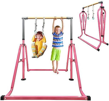 Kids Adjustable Folding Gymnastics Bar with Rings