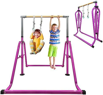 Kids Adjustable Folding Gymnastics Bar with Rings