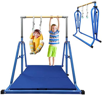 Kids Adjustable Folding Gymnastics Bar with Rings