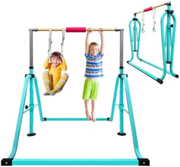Kids Adjustable Folding Gymnastics Bar with Rings