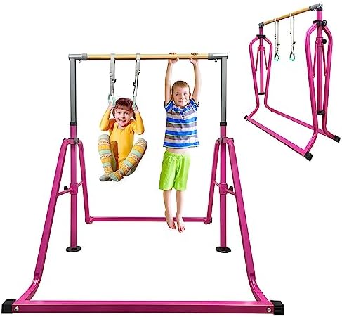 Kids Adjustable Folding Gymnastics Bar with Rings