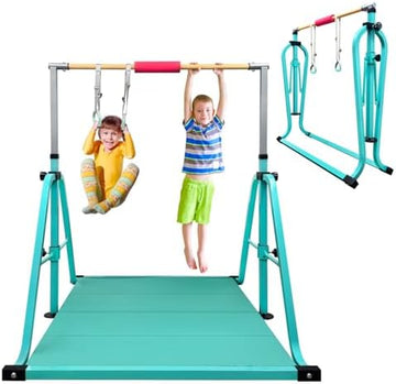 Kids Adjustable Folding Gymnastics Bar with Rings
