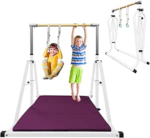 Kids Adjustable Folding Gymnastics Bar with Rings